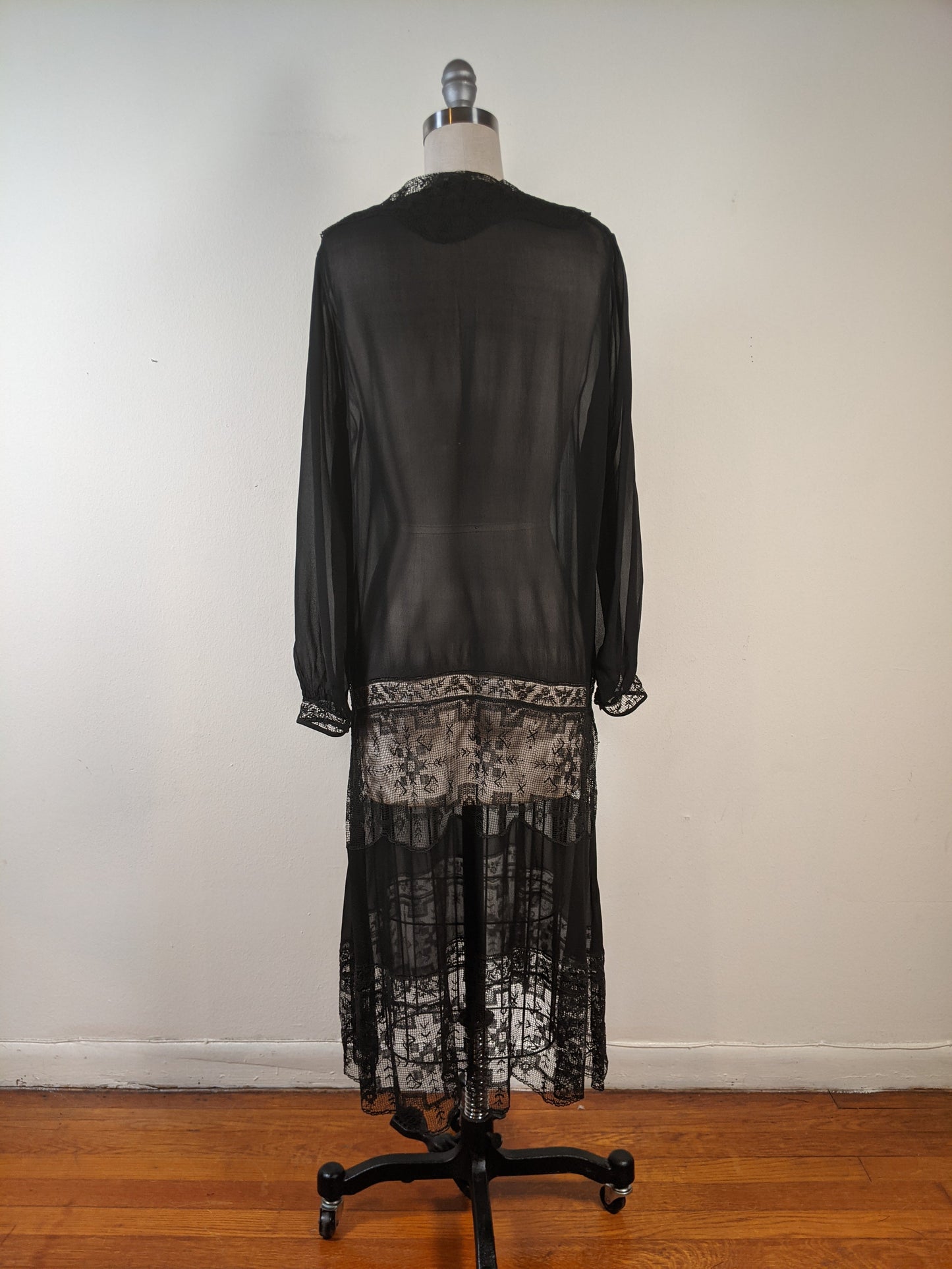 1920s Sheer Black Chiffon + Lace Dress