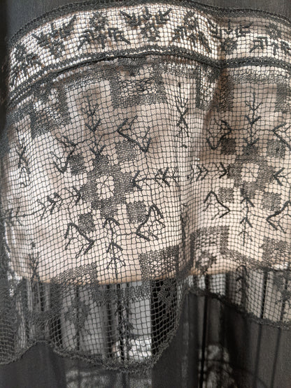 1920s Sheer Black Chiffon + Lace Dress