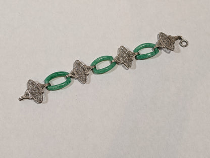 Art Deco Green Glass Rhodium Plated Bracelet
