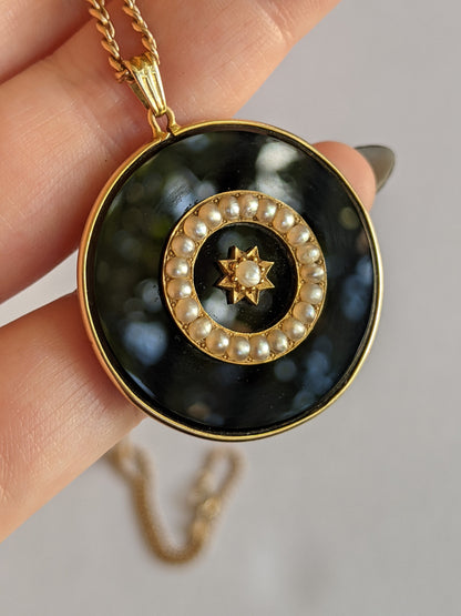 19th c. 14k Gold Onyx Star Pendant + Chain