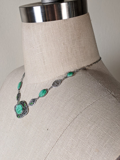 Art Deco Green Glass Rhodium Plated Necklace