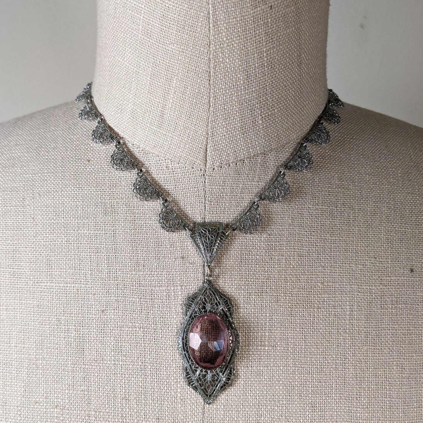 Art Deco Rhodium Plated Necklace Purple Glass Stone