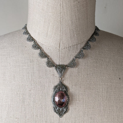 Art Deco Rhodium Plated Necklace Purple Glass Stone