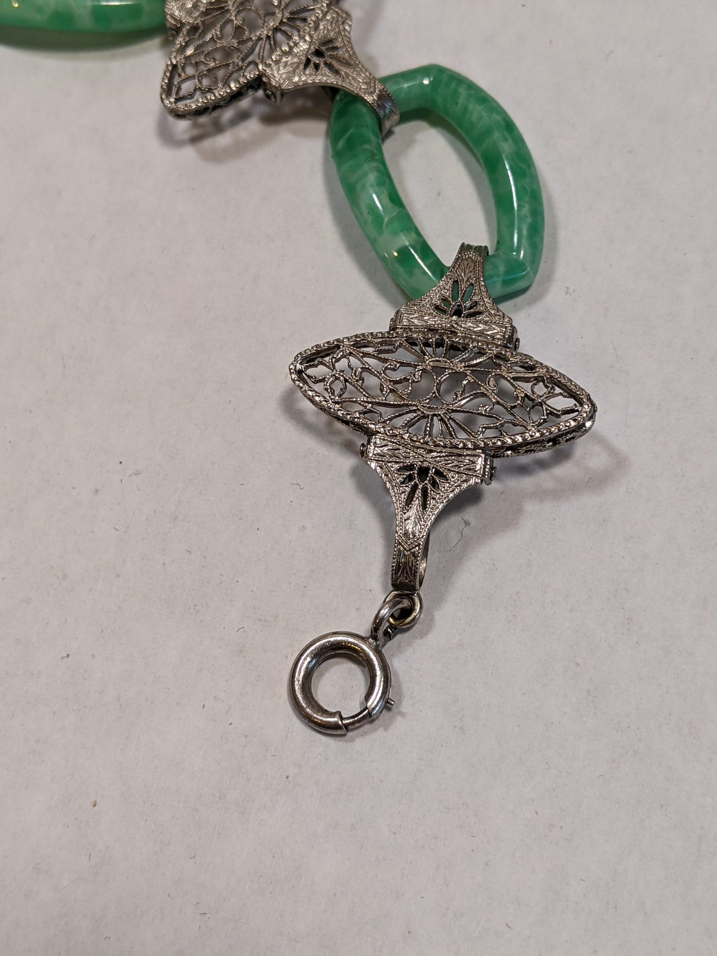 Art Deco Green Glass Rhodium Plated Bracelet