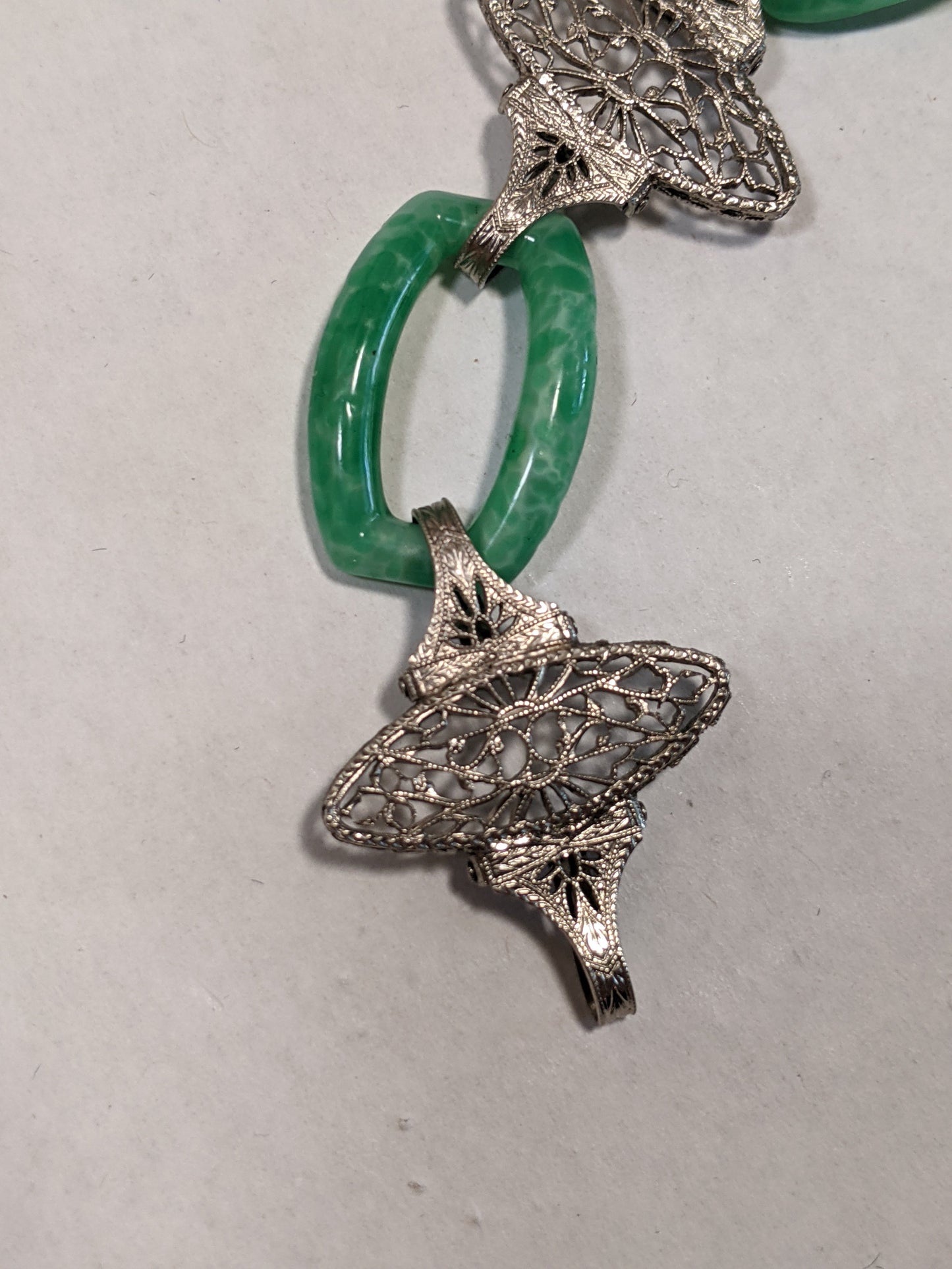 Art Deco Green Glass Rhodium Plated Bracelet