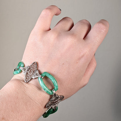 Art Deco Green Glass Rhodium Plated Bracelet