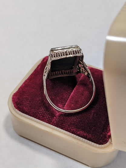 Abraham and Straus Art Deco 10k White Gold Bloodstone Ring | Sz 6.5