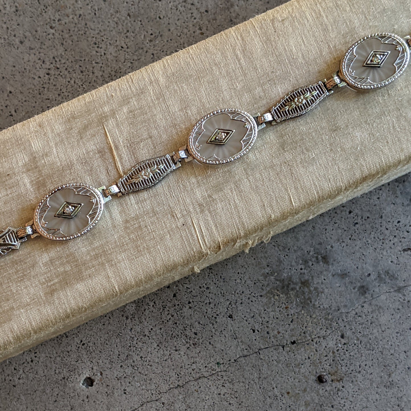 Art Deco White Gold Rock Crystal + Diamond Bracelet