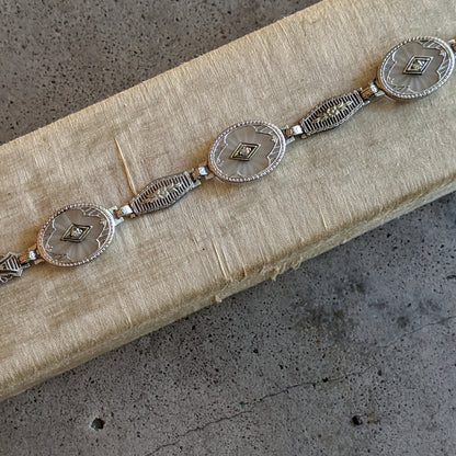 Art Deco White Gold Rock Crystal + Diamond Bracelet