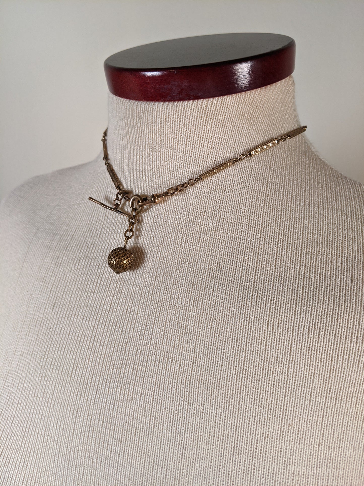 19th c. Gold Filled Watch Chain / Necklace + Ball Fob