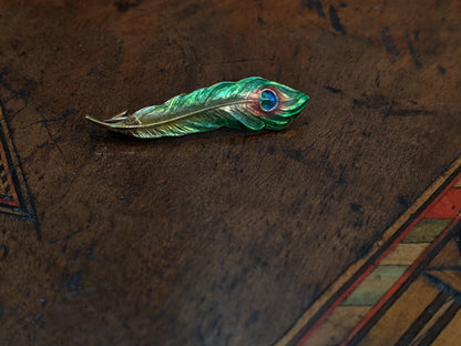 Art Nouveau 14k Gold Enamel Peacock Feather Brooch