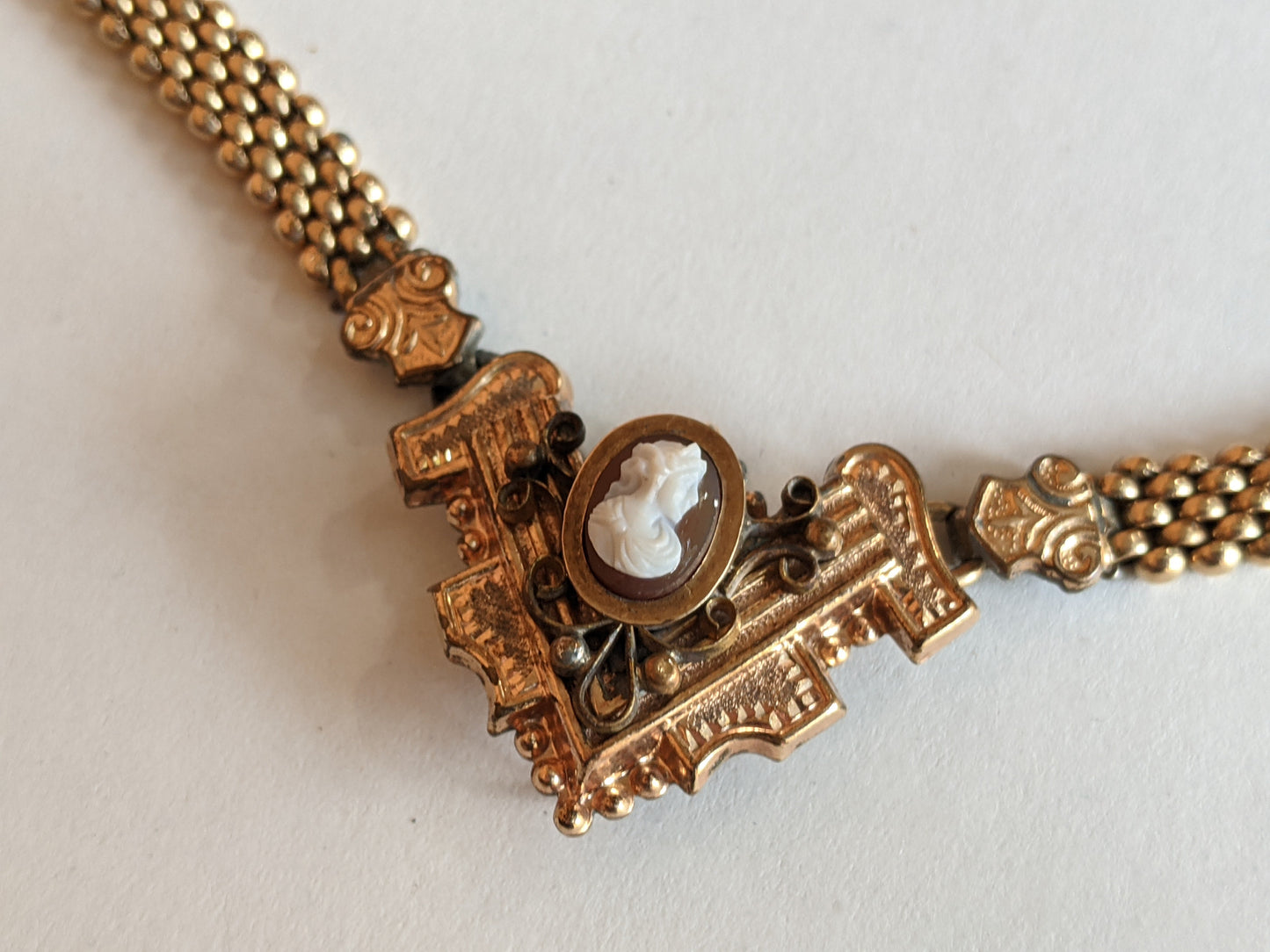 19th c. Gold Filled Mesh Cameo Necklace