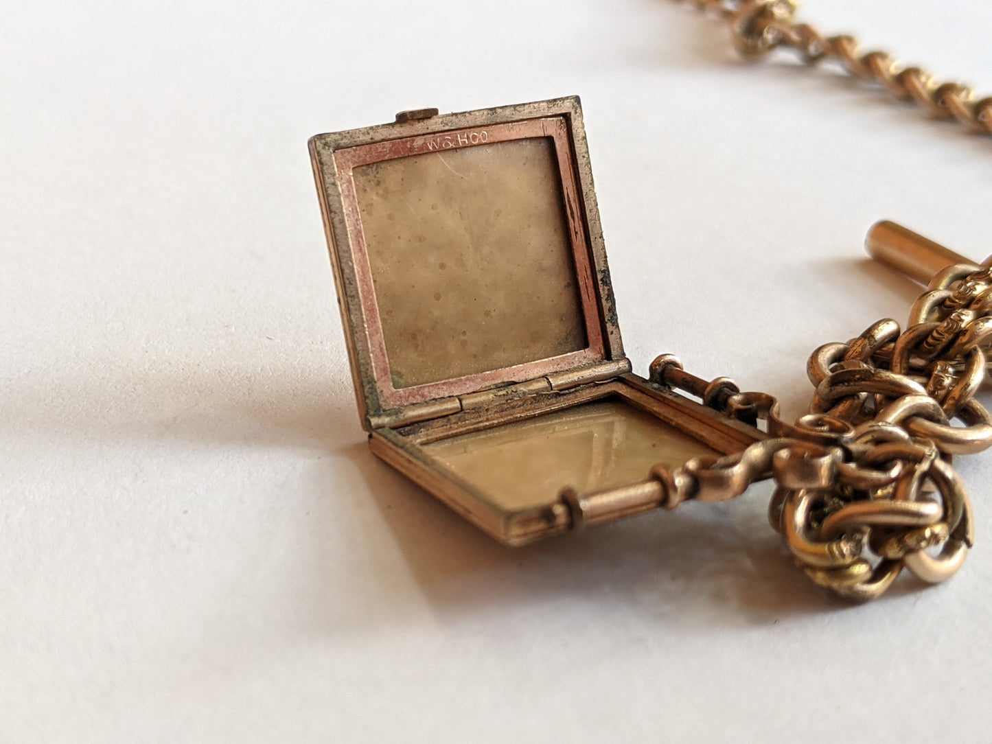 19th c. Gold Filled Short T-Bar Watch Chain + Locket | 12.5"