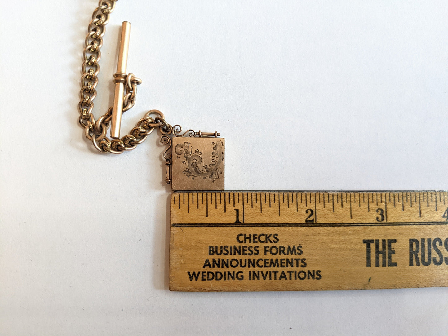 19th c. Gold Filled Short T-Bar Watch Chain + Locket | 12.5"