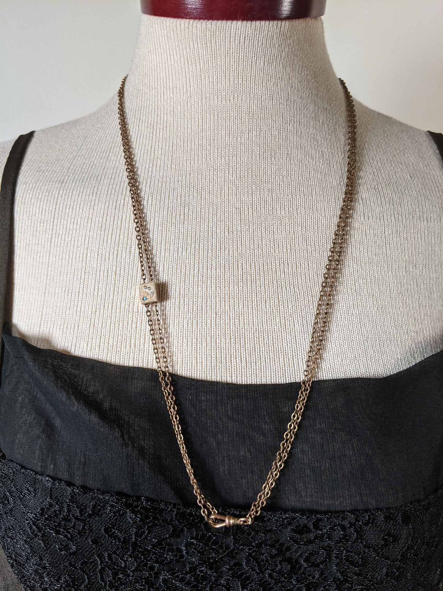 19th c. Gold Filled Long Guard Chain w/ Moon Slide
