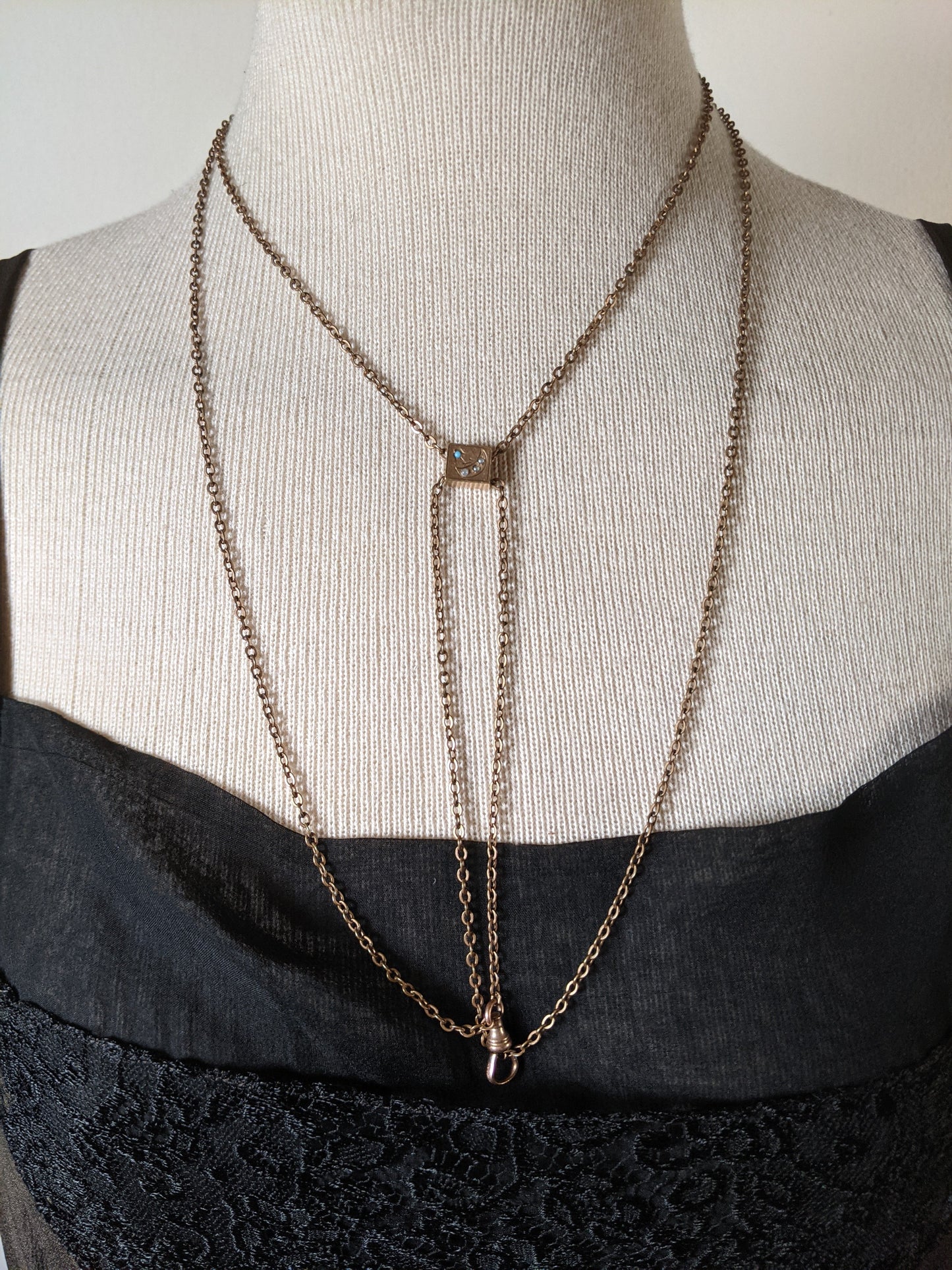 19th c. Gold Filled Long Guard Chain w/ Moon Slide