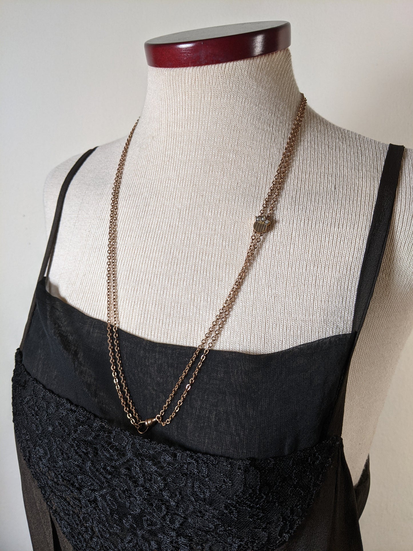 19th c. Gold Filled Long Guard Chain w/ Seed Pearl Slide