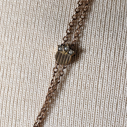 19th c. Gold Filled Long Guard Chain w/ Seed Pearl Slide