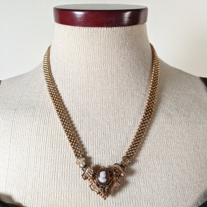 19th c. Gold Filled Mesh Cameo Necklace