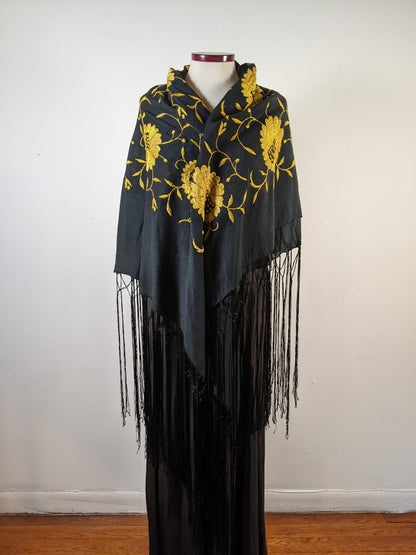 1910s-1920s Black + Yellow Silk Piano Shawl