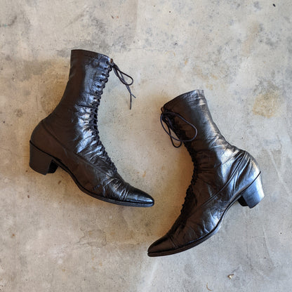 c. 1910s Black Lace Up Boots | Approx 6.5-7