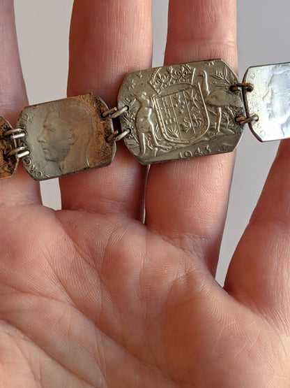 1940s WWII Trench Art Silver Coin Bracelet