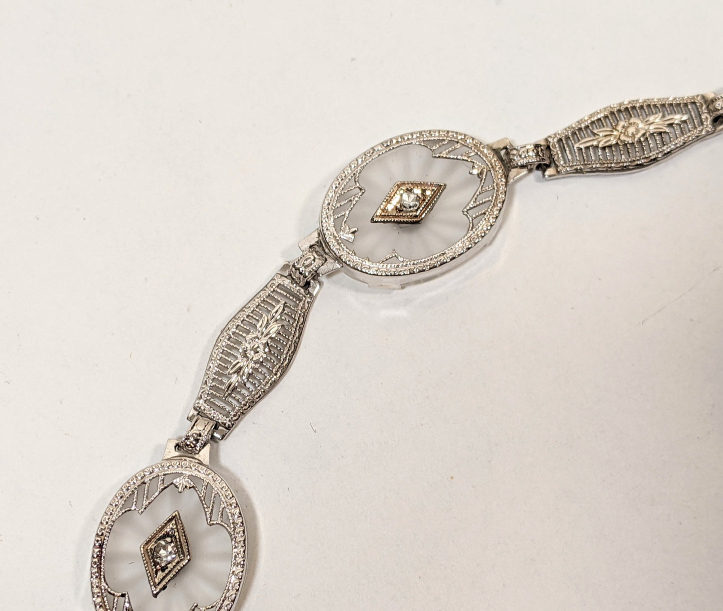 Art Deco White Gold Rock Crystal + Diamond Bracelet