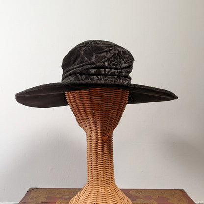 c. 1910s Black Velvet Brocade Hat