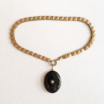 19th c. 14k Gold Enamel Locket on Book Chain