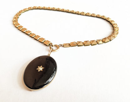 19th c. 14k Gold Enamel Locket on Book Chain
