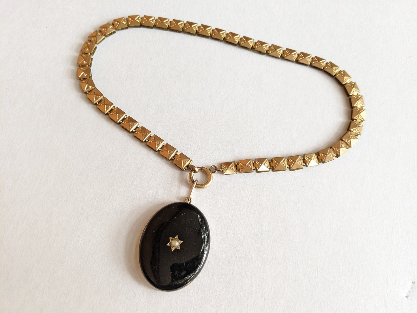 19th c. 14k Gold Enamel Locket on Book Chain