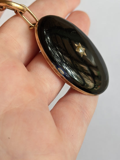 19th c. 14k Gold Enamel Locket on Book Chain