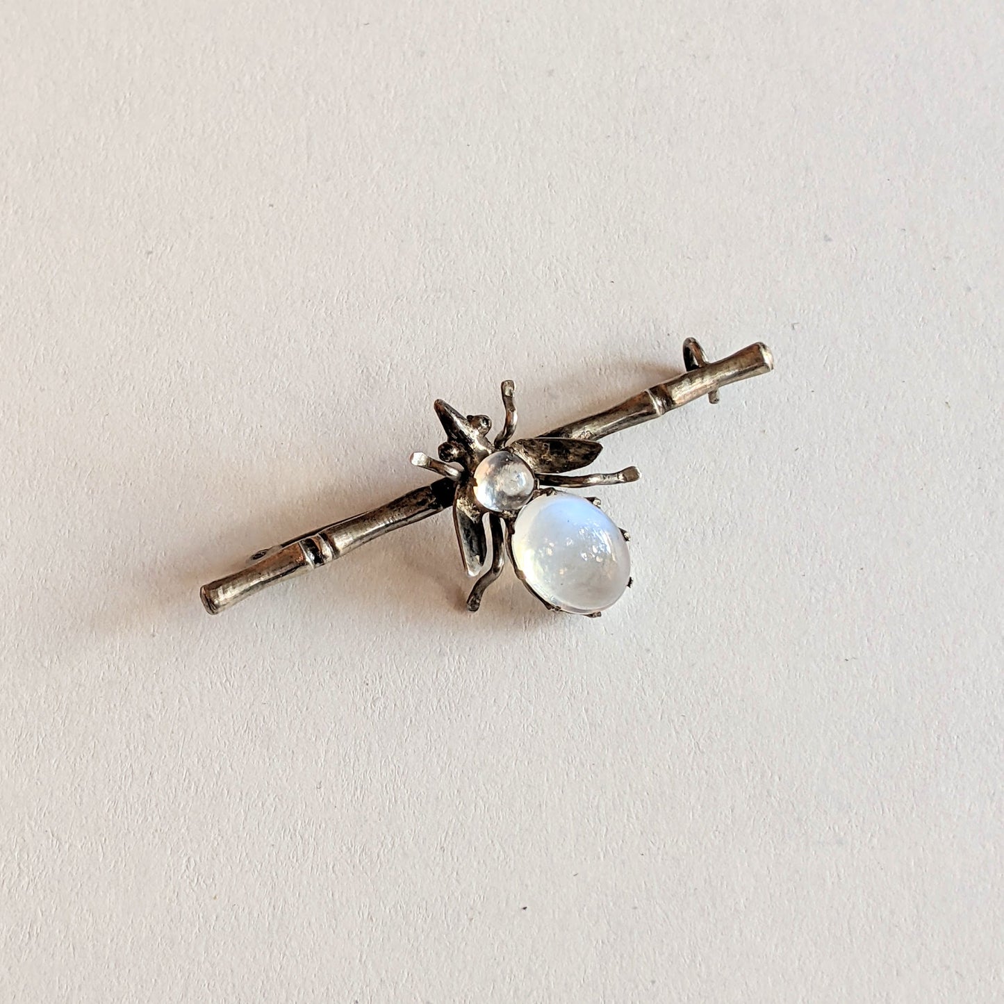 c. 1910s-20s Sterling Silver Moonstone Fly Brooch