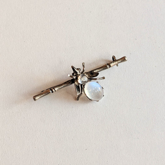 c. 1910s-20s Sterling Silver Moonstone Fly Brooch