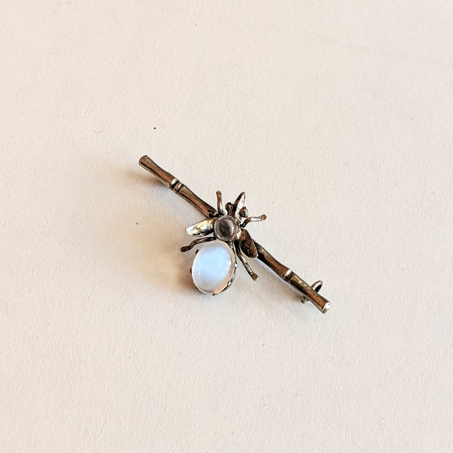 c. 1910s-20s Sterling Silver Moonstone Fly Brooch