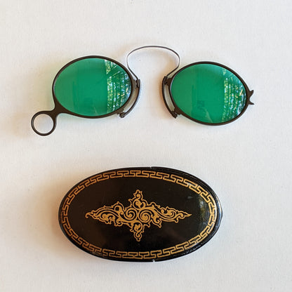 c. 1890s Green Tinted Folding Pince-Nez Glasses in Case