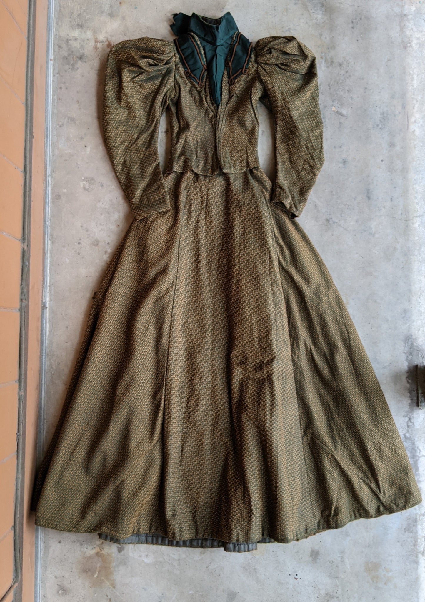 1890s Green + Gold Dress | Includes extra fabric