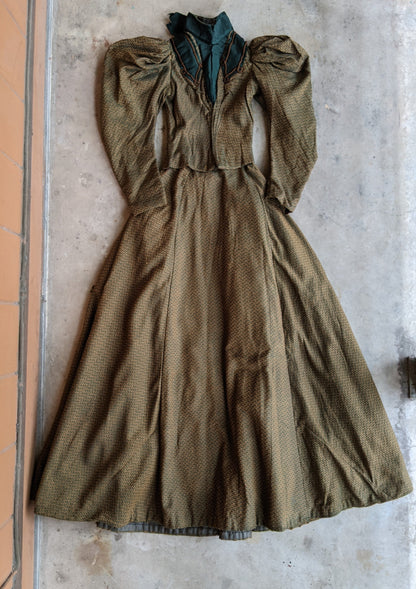 1890s Green + Gold Dress | Includes extra fabric