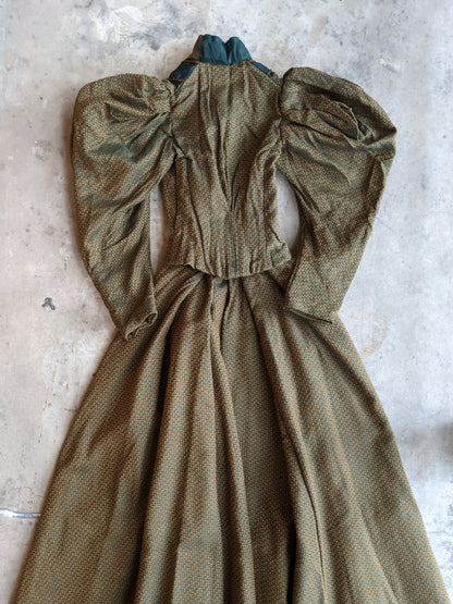 1890s Green + Gold Dress | Includes extra fabric