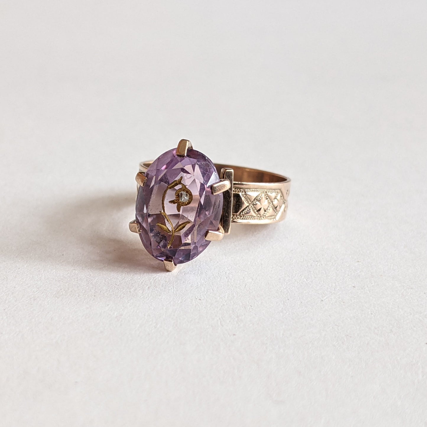 c. 1880s 14k Gold Rose of Sharon Ring | Diamond Encrusted Amethyst