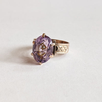 c. 1880s 14k Gold Rose of Sharon Ring | Diamond Encrusted Amethyst