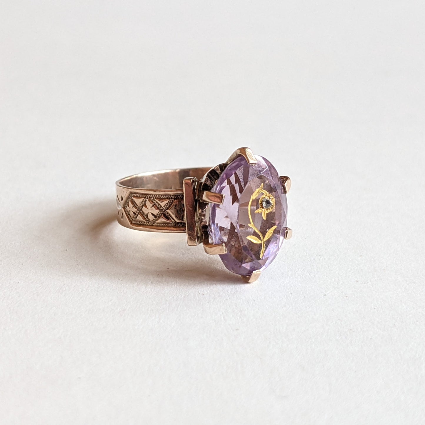 c. 1880s 14k Gold Rose of Sharon Ring | Diamond Encrusted Amethyst