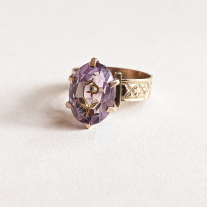 c. 1880s 14k Gold Rose of Sharon Ring | Diamond Encrusted Amethyst