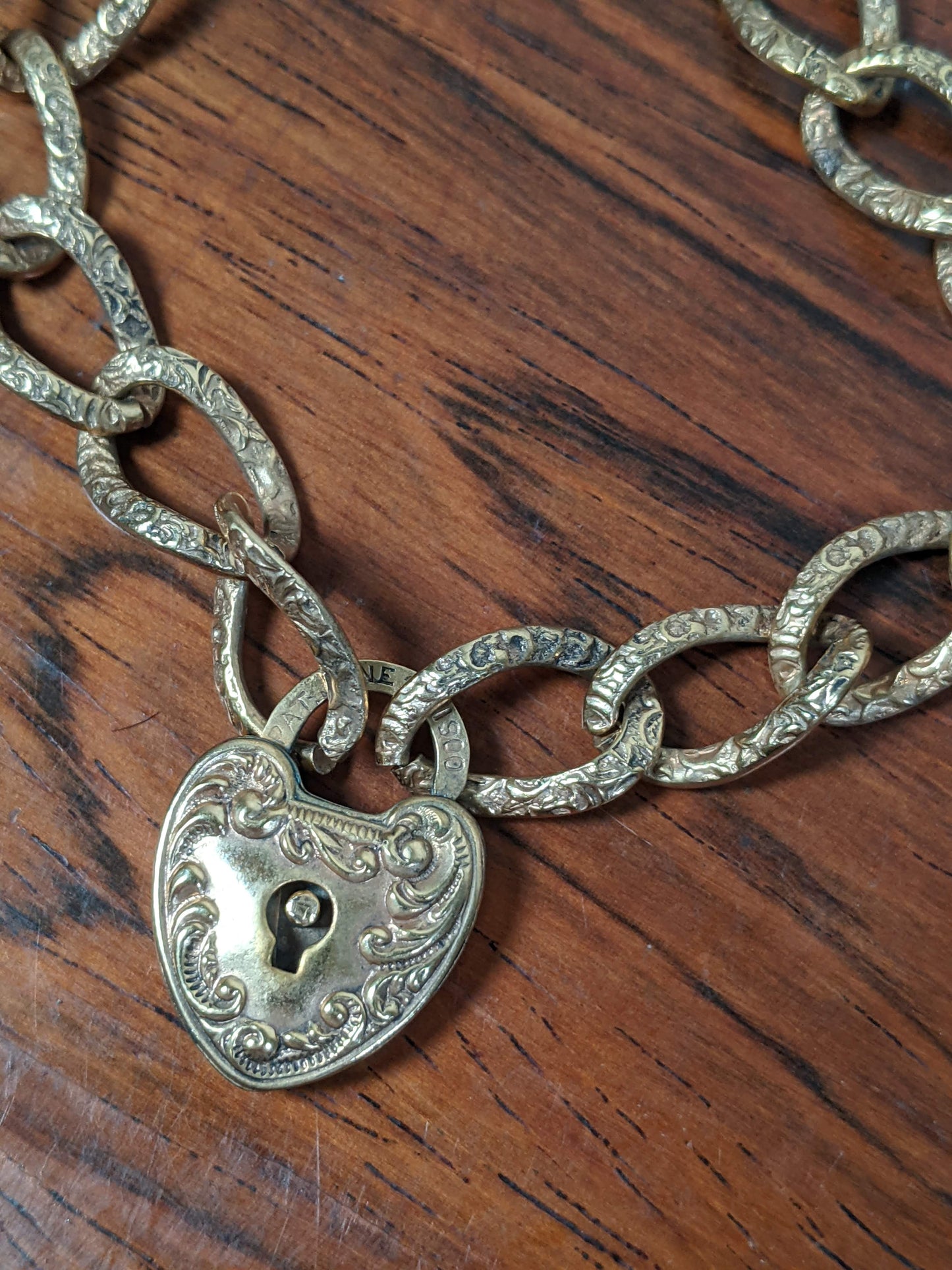 1900s Gold Filled Heart Padlock Repousse Chain Bracelet