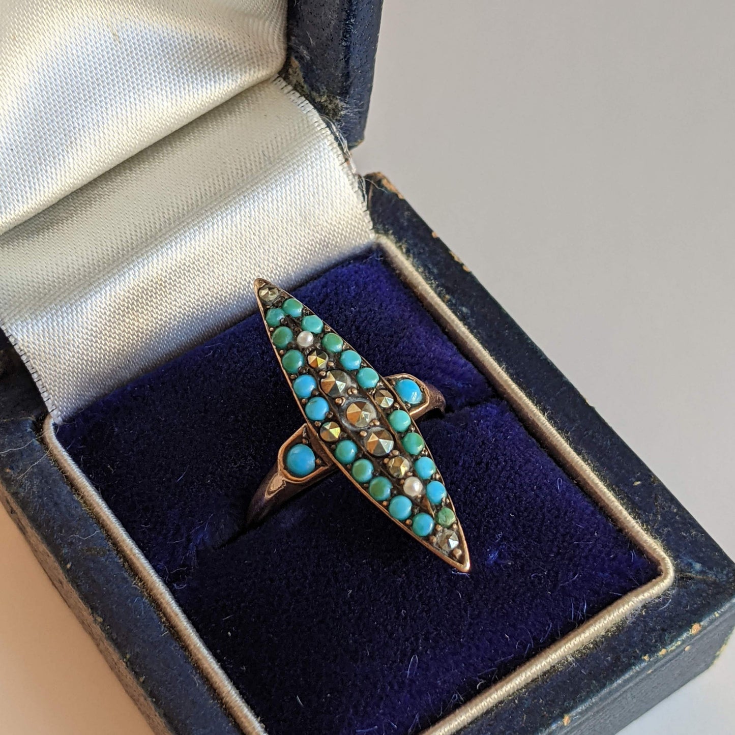 c. 1890s-1900s 14k Gold Turquoise, Marcasite, Pearl Ring