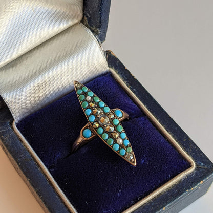 c. 1890s-1900s 14k Gold Turquoise, Marcasite, Pearl Ring