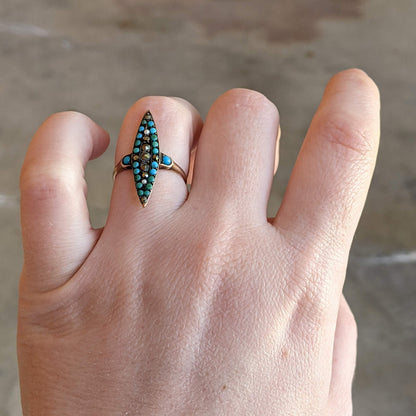 c. 1890s-1900s 14k Gold Turquoise, Marcasite, Pearl Ring