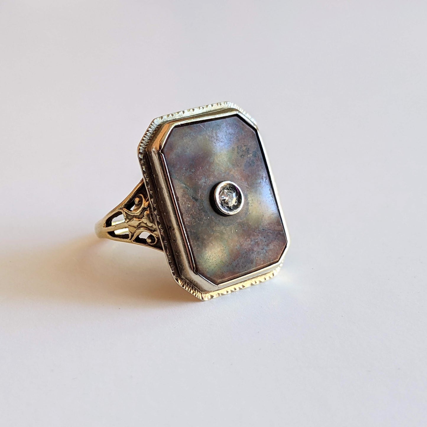 Art Deco 14k Gold Petrified Wood + Diamond Ring