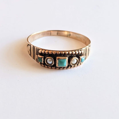 c. 1880s-1890s 14k Gold, Turquoise, Pearl Ring