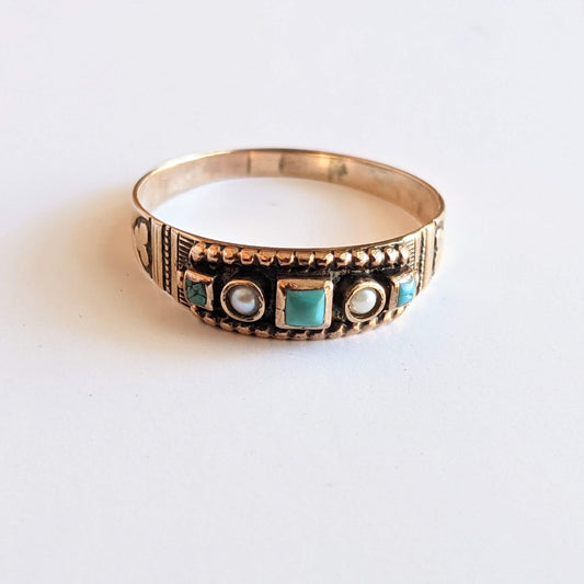 c. 1880s-1890s 14k Gold, Turquoise, Pearl Ring